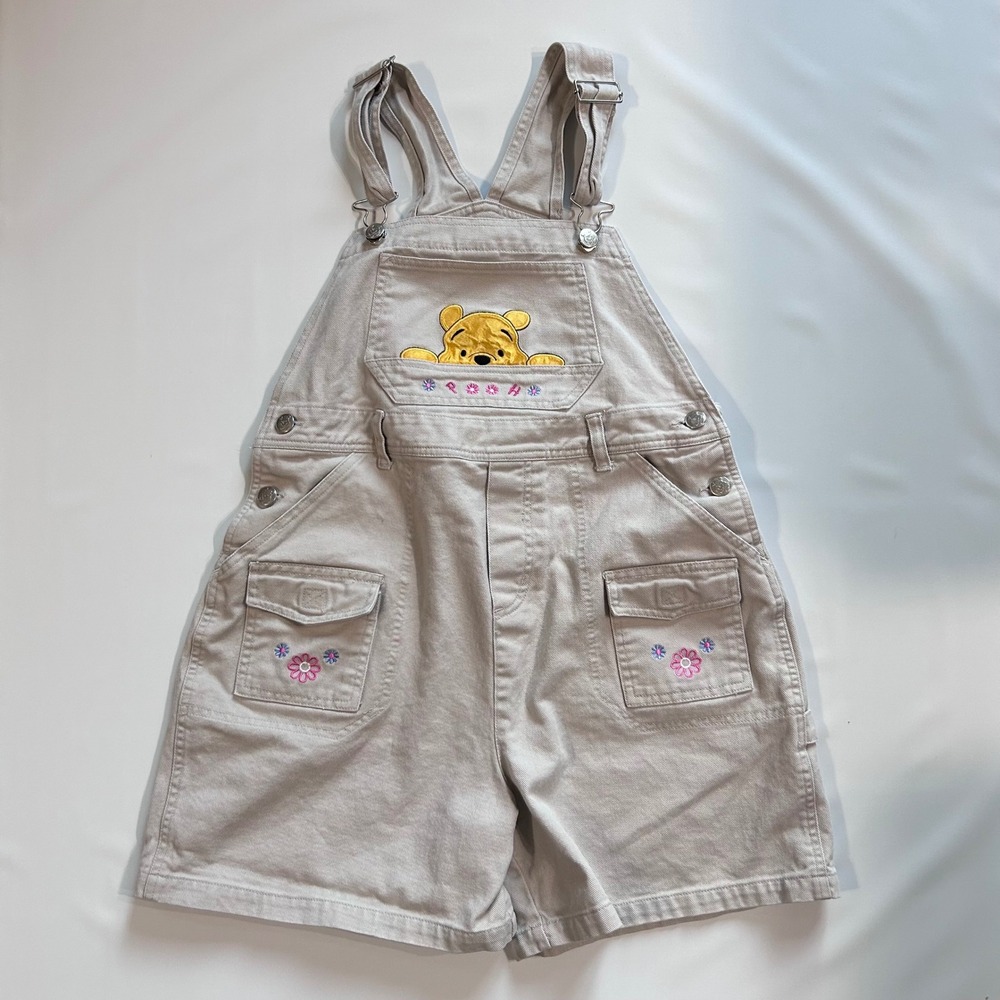 Disney Winnie the Pooh Vintage Tan Cotton Twill Embroidered Shortalls Kids 14/16